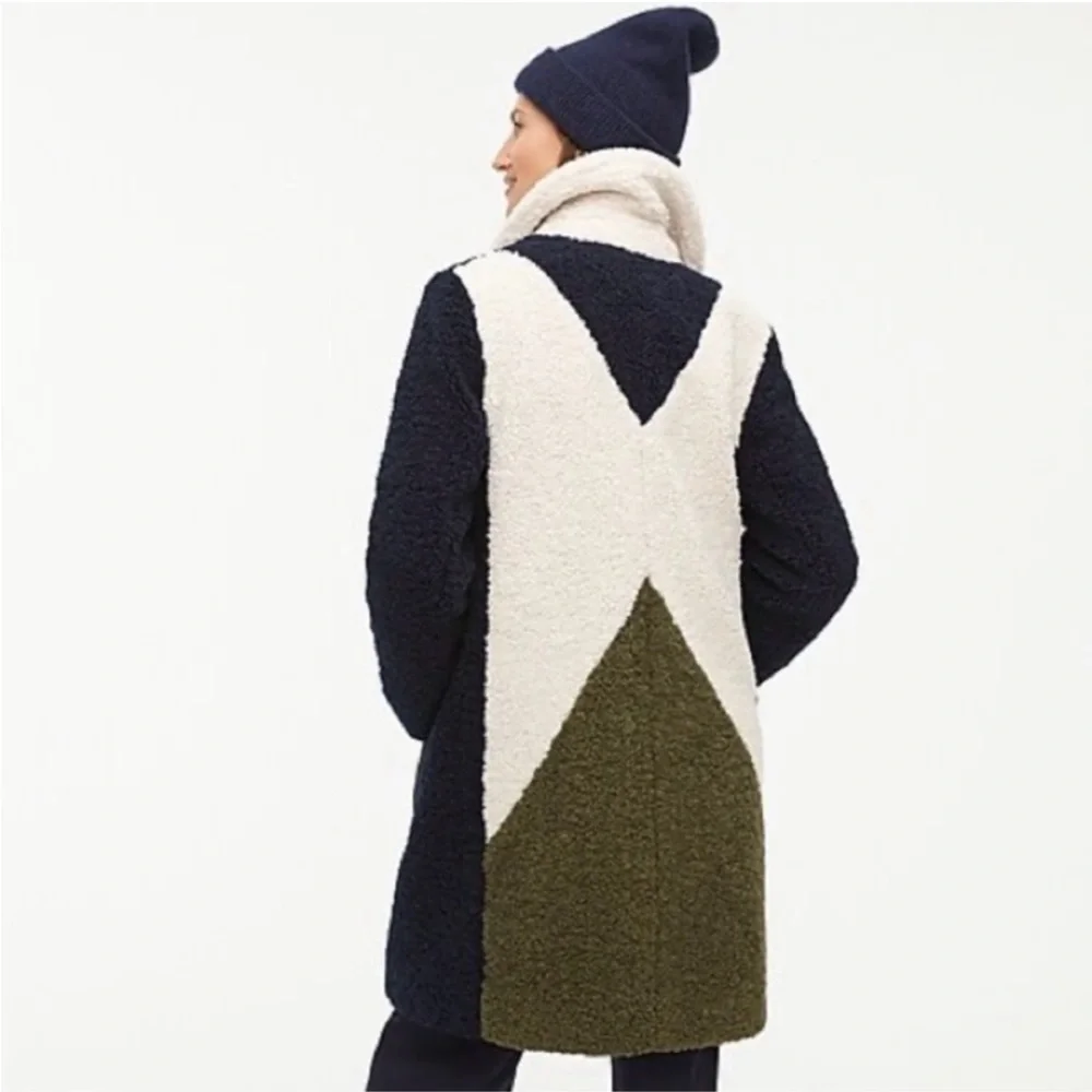 J. Crew Colorblock Teddy Coat in Navy, Cream & Olive